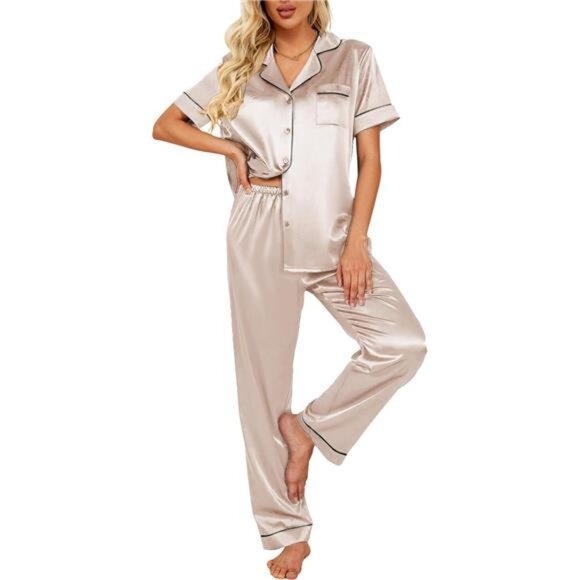Women´s Satin Pajama Set Short Sleeve Button Down Soft...